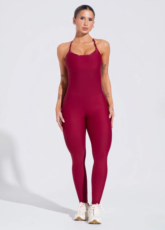 Macacão feminino fitness com alças cruzadas de elástico activity dlk vinho