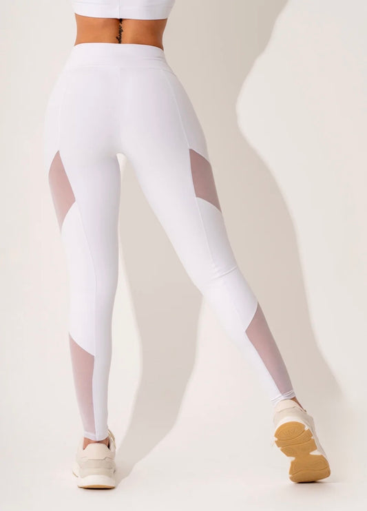 Legging fitness feminina branco com recortes em tule intense dlk