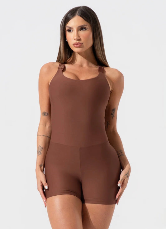 Macaquinho feminino fitness com alças de elástico e tule nas costas activity dlk marrom