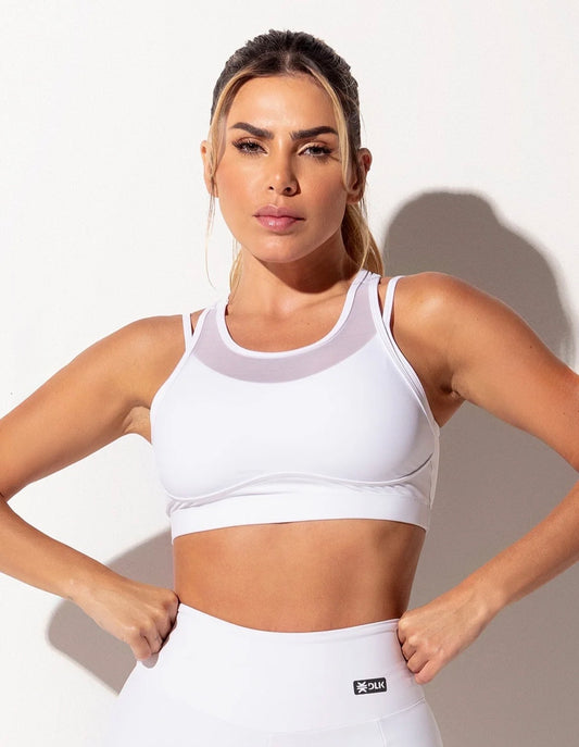Top fitness feminino branco com tule sobreposto intense dlk